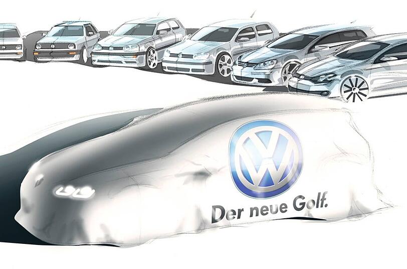 Sechs Zentimeter länger, flacher, U-förmige Tagfahrleuchten: Mit dieser Skizze beantwortet VW bisher alle Fragen nach dem Design des neuen Golf der siebten Generation.