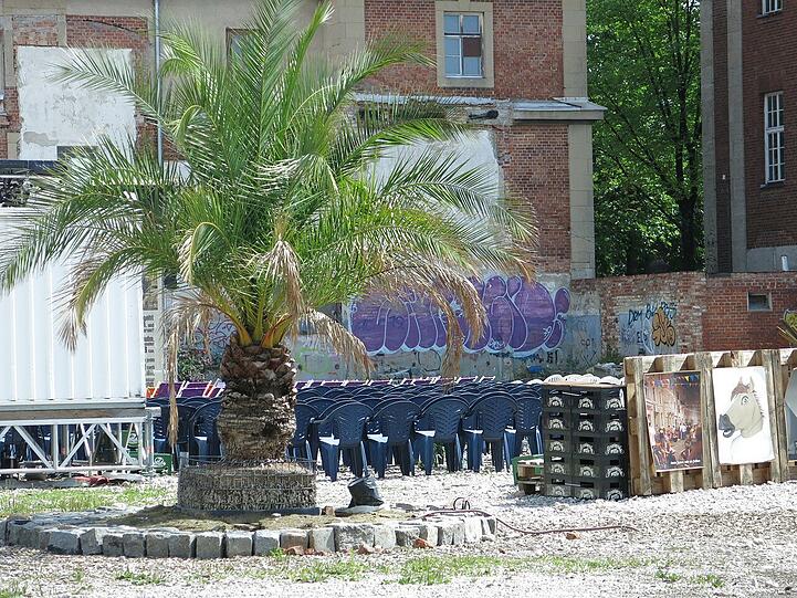 Blick auf die Bestuhlung des Sommerkinos von Hartmut Senkel und die Rückwand der Viehmarktbank.
