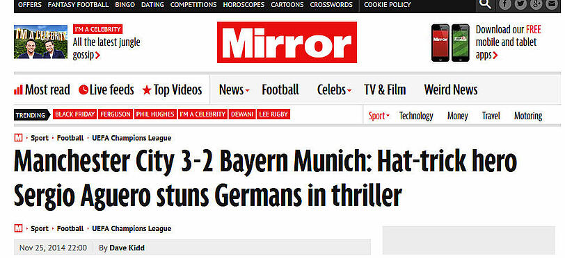 The Mirror (Großbritannien): "Hattrick-Hero Agüero betäubt die Deutschen im Thriller"