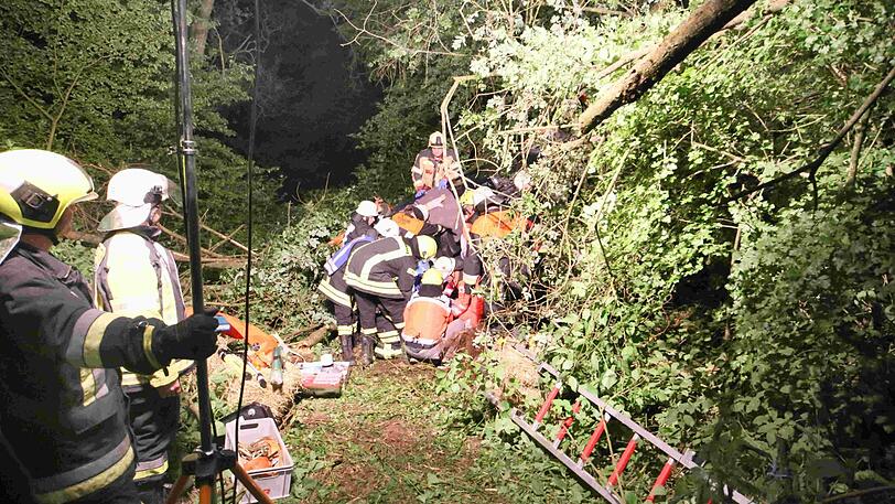 Schwierige Rettungsaktion: Drei junge Männer sind mit einem Auto in ein Waldstück gerast und mussten von der Feuerwehr befreit werden.