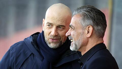 Investor Ismaik will Fakten in der Trainerfrage sehen, Sportgeschäftsführer Gorenzel (l.) und Coach Jacobacci führen Gespräche.