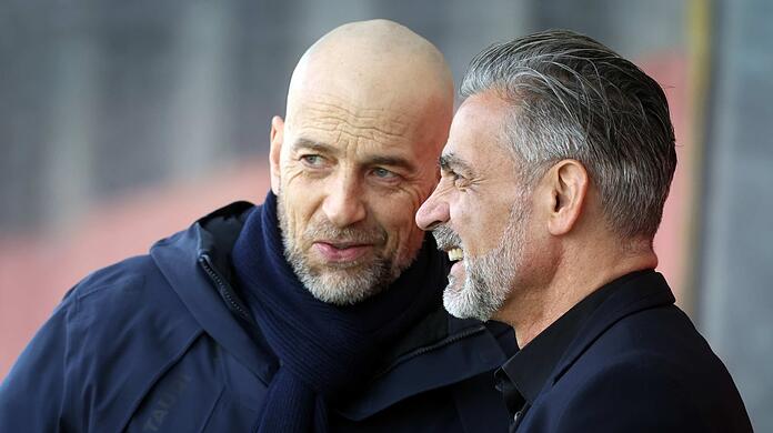 Investor Ismaik will Fakten in der Trainerfrage sehen, Sportgeschäftsführer Gorenzel (l.) und Coach Jacobacci führen Gespräche.