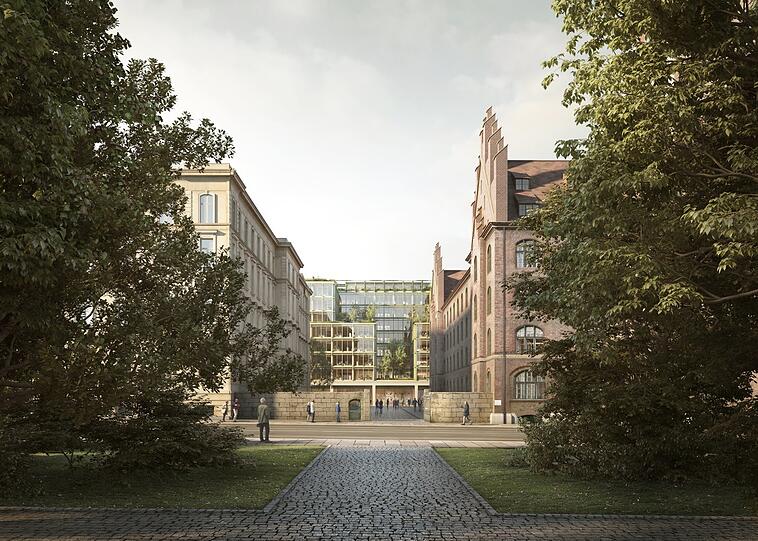 Blick vom Alten Botanischen Garten Richtung Süden über Elisen- und Prielmayerstraße auf den neuen Glaspalast.
