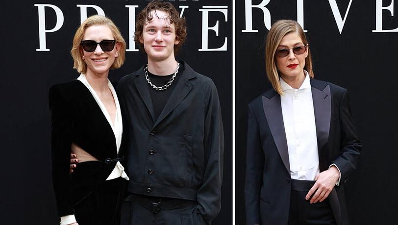 Cate Blanchett, Ignatius Martin Upton und Rosamund Pike im auffallenden Schwarz-Weiß-Look bei der Giorgio-Armani-Show. Cate Blanchett, Ignatius Martin Upton und Rosamund Pike im auffallenden Schwarz-Weiß-Look bei der Giorgio-Armani-Show.