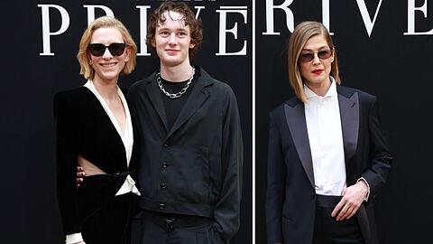 Cate Blanchett, Ignatius Martin Upton und Rosamund Pike im auffallenden Schwarz-Wei&szlig;-Look bei der Giorgio-Armani-Show.