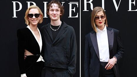 Cate Blanchett, Ignatius Martin Upton und Rosamund Pike im auffallenden Schwarz-Wei&szlig;-Look bei der Giorgio-Armani-Show.