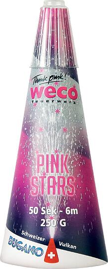 Pinke Sterne für die Ladys: Der Vulkan &bdquo;Pink Stars&ldquo; (Weco): Er sieht zwar klein aus, ist in Wirklichkeit aber eine echte Urgewalt: Der in der Schweiz hergestellte Vulkan &bdquo;Pink Stars&ldquo; ist mit einer 250- Gramm-Effektfüllung ausgestattet &ndash; und schleudert sein Bukett sechs bis acht Meter in die Höhe.