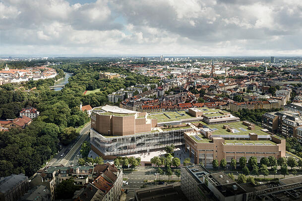 Eine Simulation des neuen Gasteig mit dem geplanten Verbindungstrakt aus der Vogelperspektive - im Hintergrund Haidhausen und der Arabellapark.