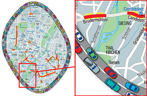 Nervtötender Lärm: die rot markierten Gebiete sind besonders laut - und bewohnt. Links das Stadtgebiet im Überblick, rechts die jeweiligen Brennpunkte.