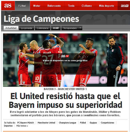 Die spanische As schreibt online: "United hält Stand, doch dann spielen die Bayern ihre Überlegenheit aus."