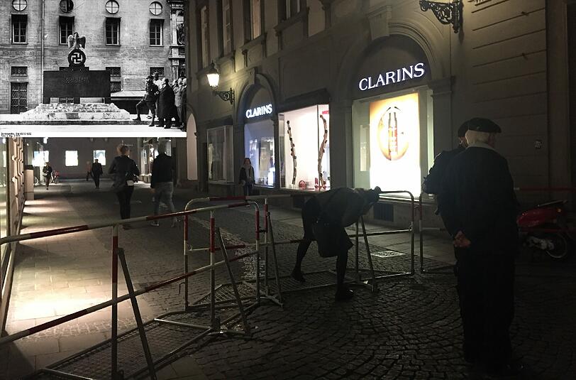 Die Viscardigasse am Montag: von der Polizei versperrt. Links oben: Das frühere Ehrenmal an der Feldherrnhalle: Wer hier nicht den Hitlergruß zeigen wollte, nahm die sogenannte Drückebergergasse.