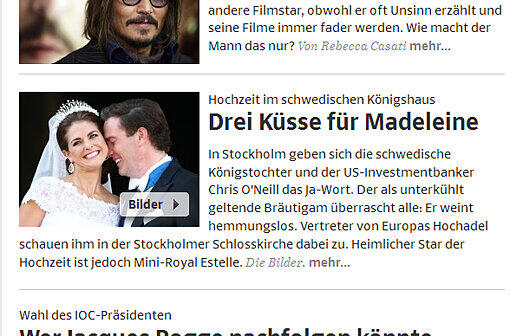 sueddeutsche.de: "Der Gottesdienst findet auf Schwedisch statt. Die Braut spricht das Eheversprechen in ihrer Muttersprache, der Bräutigam sagt das Ja-Wort auf  Englisch."