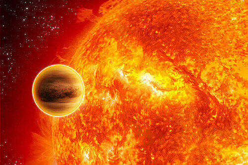 Die Illustration zeigt den Planeten HD 189733b (li.) und den leuchtenden Stern, den er umkreist.