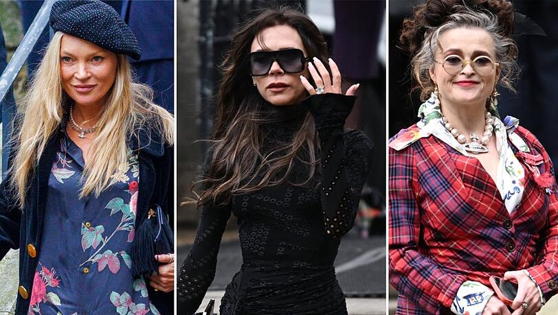 Kate Moss,Victoria Beckham und Helena Bonham Carter (v.l.n.r.) beim Gedenkgottesdienst für Vivienne Westwood in London.