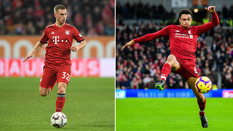 Joshua Kimmich (24) &ndash; Trent Alexander-Arnold (20) - "Beide sind sich vom Spielertypus her ähnlich: Eigentlich zu gut, um auf Dauer ihre Karriere ausschließlich auf der rechten Außenbahn zu verbringen", sagt Fuss: "Alexander-Arnold, Außenverteidiger aus der Not geboren, hat unglaubliche Power nach vorne, Kimmich ist stabiler, spielschlauer nach hinten und nach vorne, dazu kommen ein paar Jahre mehr Erfahrung. Punkt für Kimmich." Stand: 1,5:0,5