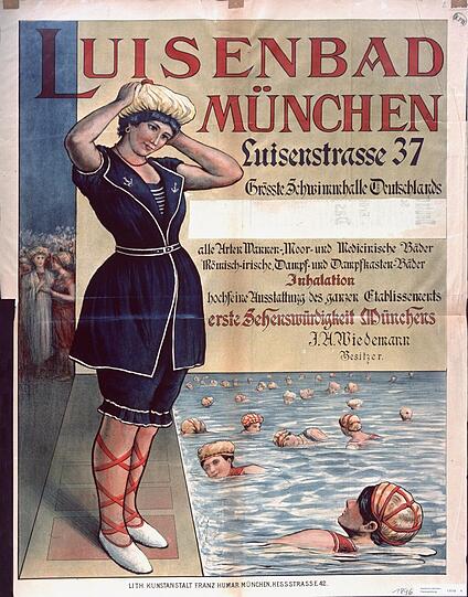 Das Luisenbad wurde am 19. September 1896 eröffnet und war Münchens größte private Badeanstalt dieser Zeit. Viele Fotos haben sich nicht erhalten, immerhin aber dieses sehr hübsche Werbe-Plakat mit der Dame im Matrosen-Look - und der Verheißung des Besitzers, Deutschlands "größte Schwimmhalle" erbaut und München damit eine "erste Sehenswürdigkeit" vermacht zu haben. Nicht lange allerdings. Im September 1924 erwarb der Verein Studentenhaus (der Vorläufer des Studentenwerks) das Anwesen, um es auszuräumen, zu entkernen und umzubauen - 1926 war Einweihung für die Studenten.