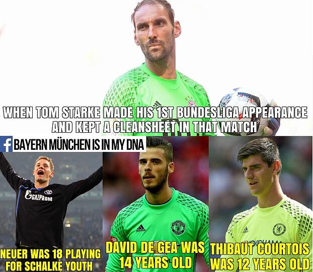 Als Tom Starke sein erstes Bundesliga-Spiel machte, war Neuer 18, De Gea 14 und Thibaut Courtois 12 Jahre alt.