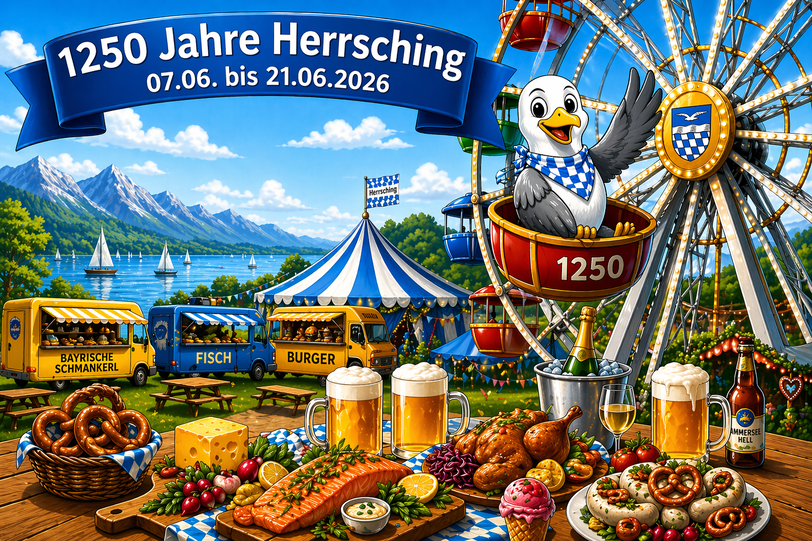 Auf dieser Illustration zum Fest ist auf dem Riesenrad auch das Wappen von Herrsching zu sehen. Es besteht laut Haus der Bayerischen Geschichte aus einer M&ouml;we und einer Welle im oberen Bereich, im unteren Teil sind die bayerischen Rauten zu sehen als Erinnerung an die Wittelsbacher Herz&ouml;ge.