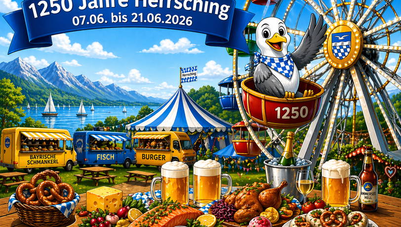 Auf dieser Illustration zum Fest ist auf dem Riesenrad auch das Wappen von Herrsching zu sehen. Es besteht laut Haus der Bayerischen Geschichte aus einer M&ouml;we und einer Welle im oberen Bereich, im unteren Teil sind die bayerischen Rauten zu sehen als Erinnerung an die Wittelsbacher Herz&ouml;ge.