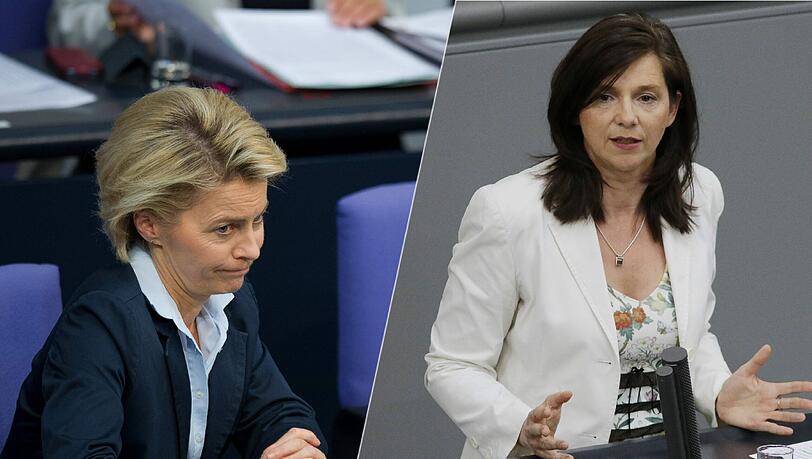 Grünen-Fraktionschefin Göring-Eckardt (r.) übt Kritik an Verteidigungsministerin Von der Leyen. Grünen-Fraktionschefin Göring-Eckardt (r.) übt Kritik an Verteidigungsministerin Von der Leyen.