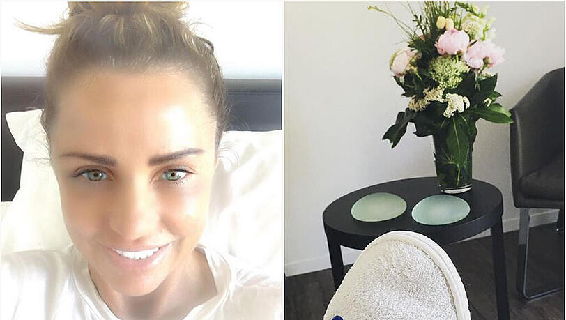 KatiePrice schickt ihren Fans ein Selfie aus dem Krankenhausbett. Daneben: zwei Brustimplantate. KatiePrice schickt ihren Fans ein Selfie aus dem Krankenhausbett. Daneben: zwei Brustimplantate.