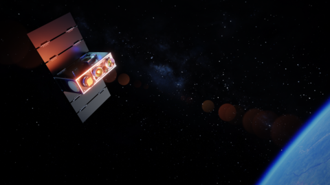 Diese Graphik zeigt, wie der Ororatech-Satellit im All um die Erde kreist. Die angebrachte Infrarot-Kamera kann Gebiete in der Gr&ouml;&szlig;e von Bayern abdecken.