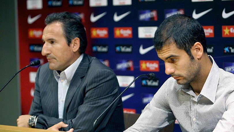 Ein Bild aus gemeinsamen Zeiten beim FC Barcelona: Txiki Begiristain (Sportdirektor von Manchester City, links) und Pep Guardiola Ein Bild aus gemeinsamen Zeiten beim FC Barcelona: Txiki Begiristain (Sportdirektor von Manchester City, links) und Pep Guardiola