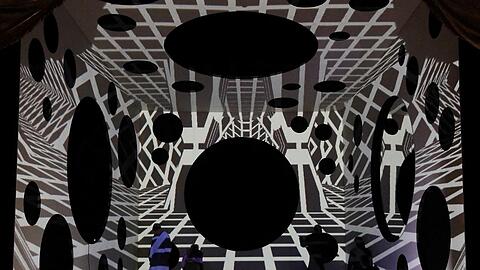 Die Sängerinnen und Sänger des Opernstudios in Raimund Bauers Bühnenbild zu "Singularity".