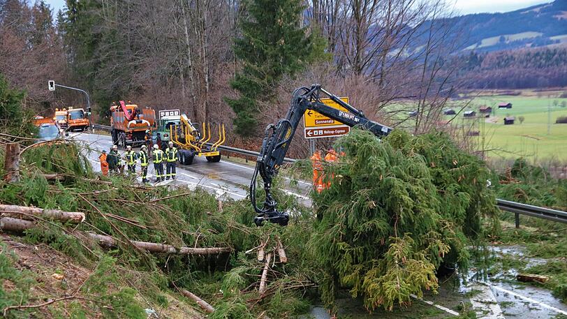 In Sonthofen im Oberallgäu musste die Bundesstraße 19 acht Stunden lang komplett gesperrt werden. Heftige Sturmböen hatten einen Baum auf die Straße stürzen lassen.
