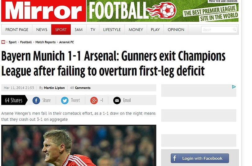 Der "Mirror" beklagt das Champions-League-Aus der Gunners, nachdem sie den Rückstand aus dem Hinspiel nicht aufholen konnten.