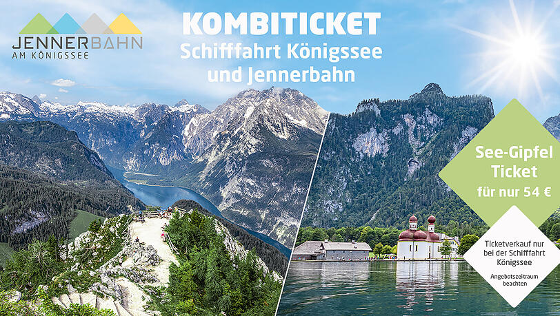 Das exklusive See-Gipfel-Ticket beinhaltet die Schifffahrt über den Königssee bis St. Bartholomä und die Berg- und Talfahrt mit der Jennerbahn und kann nur direkt und unmittelbar vor der Fahrt an der Kasse der Königssee Schifffahrt an der Seelände Königssee erworben werden. Das exklusive See-Gipfel-Ticket beinhaltet die Schifffahrt über den Königssee bis St. Bartholomä und die Berg- und Talfahrt mit der Jennerbahn und kann nur direkt und unmittelbar vor der Fahrt an der Kasse der Königssee Schifffahrt an der Seelände Königssee erworben werden.