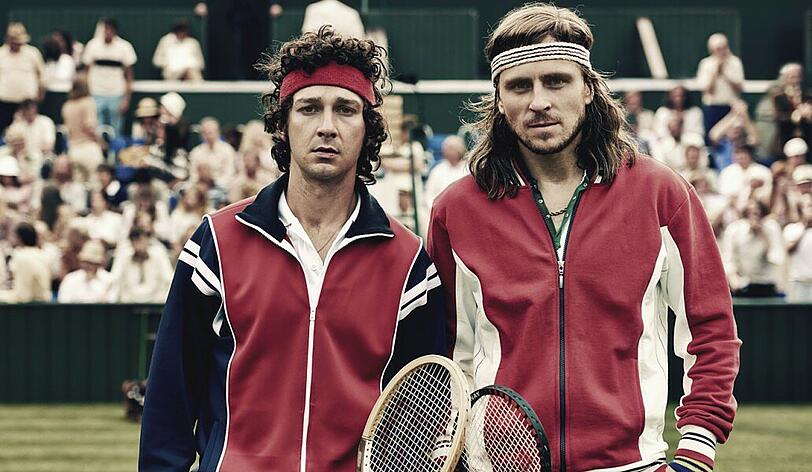 Zwei Legenden, die sich auch in der fiktionalen Variante ihres Lebens und des vielleicht größten Tennis-Matches aller Zeiten sehen lassen können - vor allem auf der großen Leinwand. Shia LaBeouf (links) als John McEnroe und Sverrir Gudnason als Björn Borg.