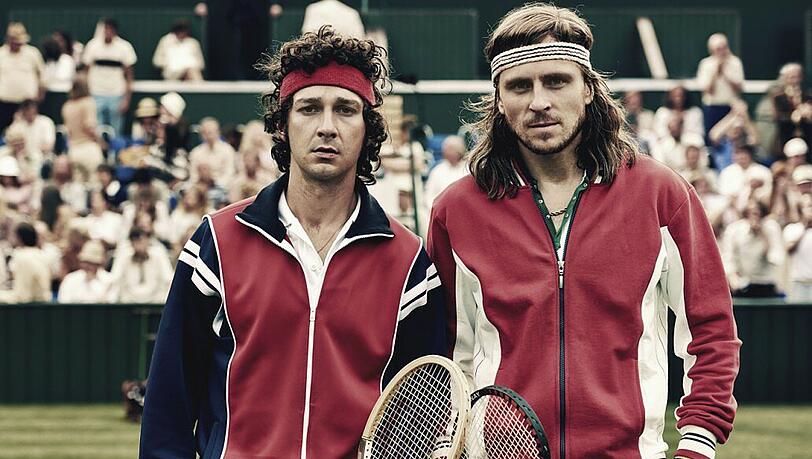 Zwei Legenden, die sich auch in der fiktionalen Variante ihres Lebens und des vielleicht größten Tennis-Matches aller Zeiten sehen lassen können - vor allem auf der großen Leinwand. Shia LaBeouf (links) als John McEnroe und Sverrir Gudnason als Björn Borg.