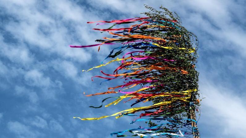Die bunten Bänder an einem Maibaum flattern vor dem blauen Himmel. Foto: Federico Gambarini/Archivbaum