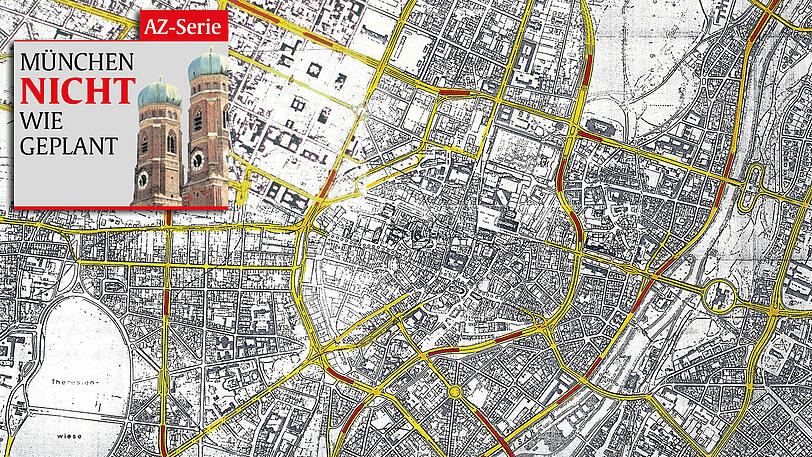 Ein Ausschnitt aus dem Generalverkehrsplan von 1963. Die geplanten Schnellstraßen sind gelb eingefärbt.