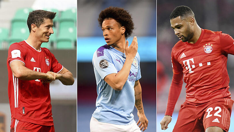 Die künftige extrem feurige Offensivreihe des FC Bayern: Sturmstar Robert Lewandowski, Neuzugang Leroy Sané und Rechtsaußen Serge Gnabry (von links). Die künftige extrem feurige Offensivreihe des FC Bayern: Sturmstar Robert Lewandowski, Neuzugang Leroy Sané und Rechtsaußen Serge Gnabry (von links).