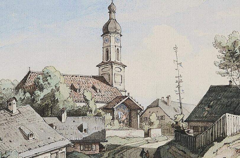 Die Alte Pfarrkirche St. Margaret in Sendling erkennt man sofort an ihrem prägnanten Kirchturm. August Seidels Zeichnung &bdquo;Sendling mit Blick auf die Kirche&ldquo; ist undatiert, dürfte aber wie fast alle seine Werke aus den 1880er Jahren stammen.