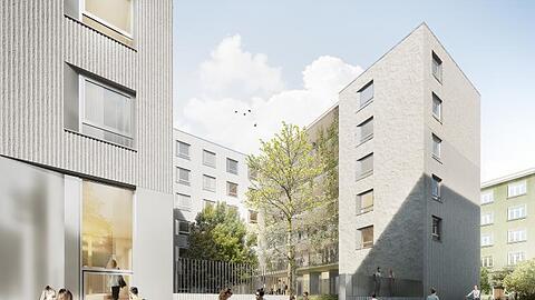 Rund um einen Innenhof entstehen an der Agnesstra&szlig;e 33 bis 2028 neue Wohnheimpl&auml;tze f&uuml;r Studierende.