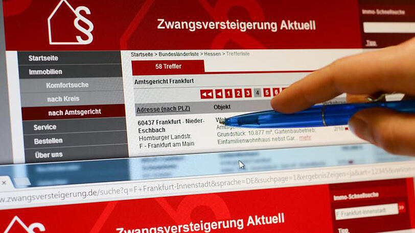 Internetseite mit über Amtsgerichte zwangsversteigerten Immobilien.