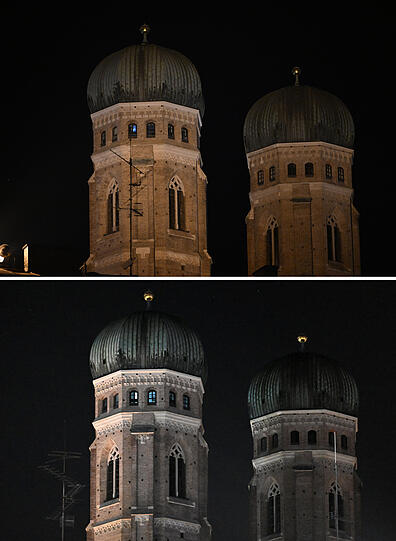 Und nochmals im Vergleich: Die Frauenkirche erst vor Beginn der Earth Hour 2022 beleuchtet (oben) - dann geht das Licht aus.