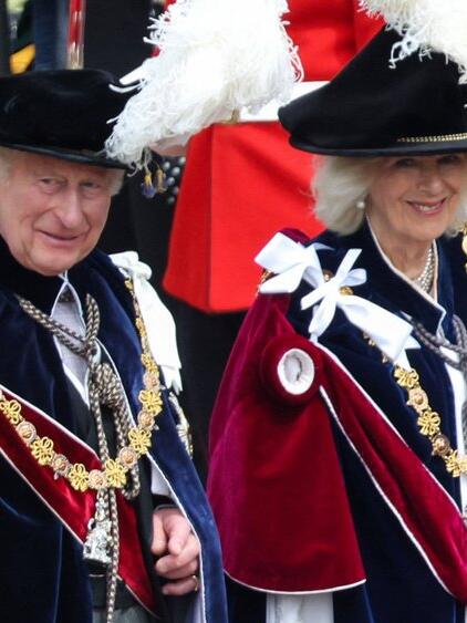 K&ouml;nig Charles und K&ouml;nigin Camilla am Garter Day 2026 auf Schloss Windsor.