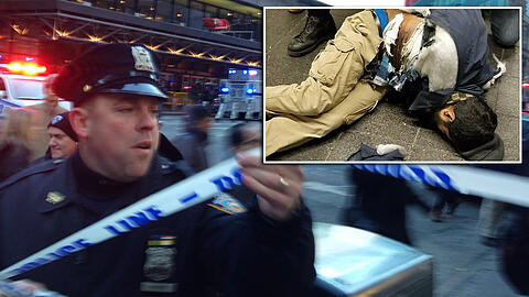 Ein Polizist sperrt den Tatort ab - auf dem kleinen Bild soll der Attentäter zu sehen sein, der offenbar selbst verletzt und später von der Polizei festgenommen wurde.