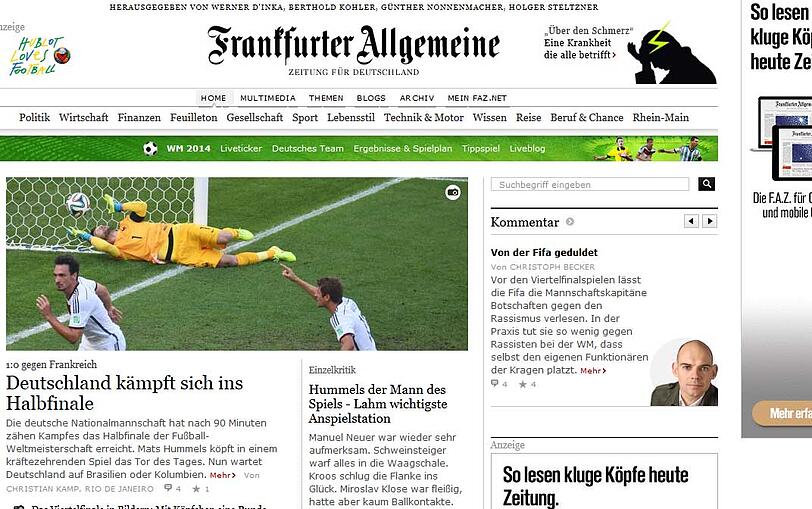 Für die "Frankfurter Allgemeine Zeitung" ist der Einzug der DFB-Elf ins WM-Halbfinale ein harter Kampf gewesen.