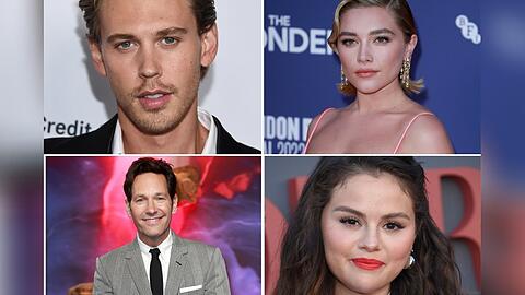 Wer wird die MTV-Trophäe mit nach Hause nehmen? Stars wie Austin Butler (von oben links im Uhrzeigersinn), Florence Pugh, Paul Rudd und Selena Gomez haben die Chance.