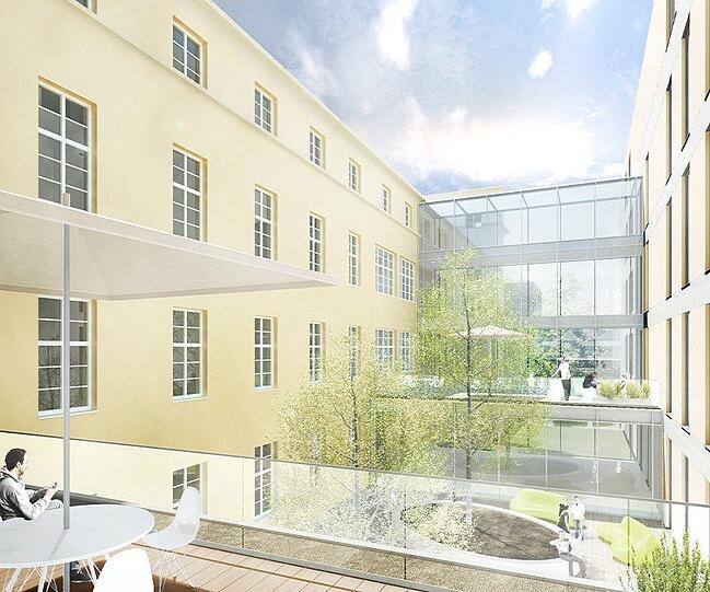 Der Altbau in Schwabing wird mit gläsernen Übergängen erweitert.