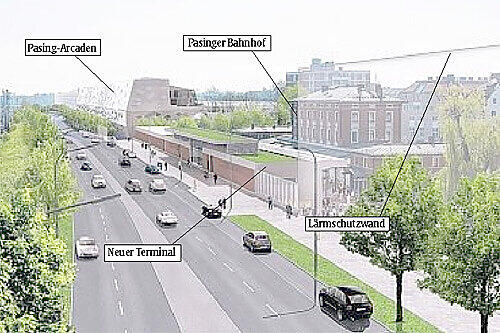 Eine vierspurige Straße, Bäume, eine Lärmschutzwand und ein neues Terminalgebäude. So wird die Nordumgehung die Rückseite des Pasinger Bahnhofs verändern.