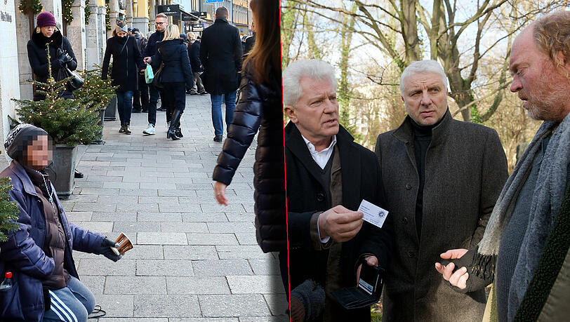 Vor dem Dallmayr in der Dienerstraße bittet eine Frau während des Weihnachtsgeschäfts um eine milde Gabe. Rechts: Batic (Miroslav Nemec, 2. v. li.) und Leitmayr (Udo Wachtveitl) befragen Obdachlose. Vor dem Dallmayr in der Dienerstraße bittet eine Frau während des Weihnachtsgeschäfts um eine milde Gabe. Rechts: Batic (Miroslav Nemec, 2. v. li.) und Leitmayr (Udo Wachtveitl) befragen Obdachlose.