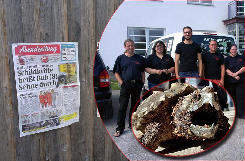 Die AZ vor Ort in Irsee: Heute begleitet die AZ den Schildkröten-Experten Michael Baur (rechtes Bild ganz links) von der Münchner Auffangstation für Reptilien. Er soll "Lotti" im Schlamm finden.