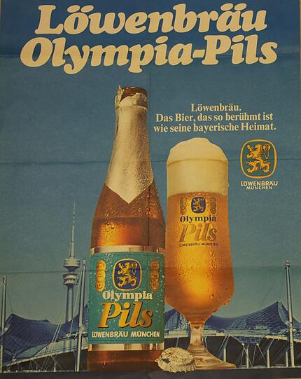 1972: Während der Olympischen Spiele wirbt die Münchner Brauerei Löwenbräu mit ihrer neuen Biersorte, dem "Olympia-Pils". Erfunden hatte das Olympia-Bier das Brauhaus Garmisch, das Löwenbräu aufgekauft hat.