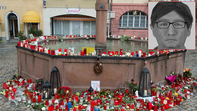 Kerzen und Gedenkbriefe stehen nach dem Mord an einer 27-jährigen Joggerin in Endingen (Baden-Württemberg) auf dem Stadtbrunnen. Kleines Bild: das Phantomfoto des Tatverdächtigen.